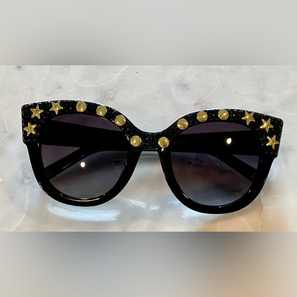 Jimmy Crystal polarized Black sunglasses with black crystals and gold stars NWOT